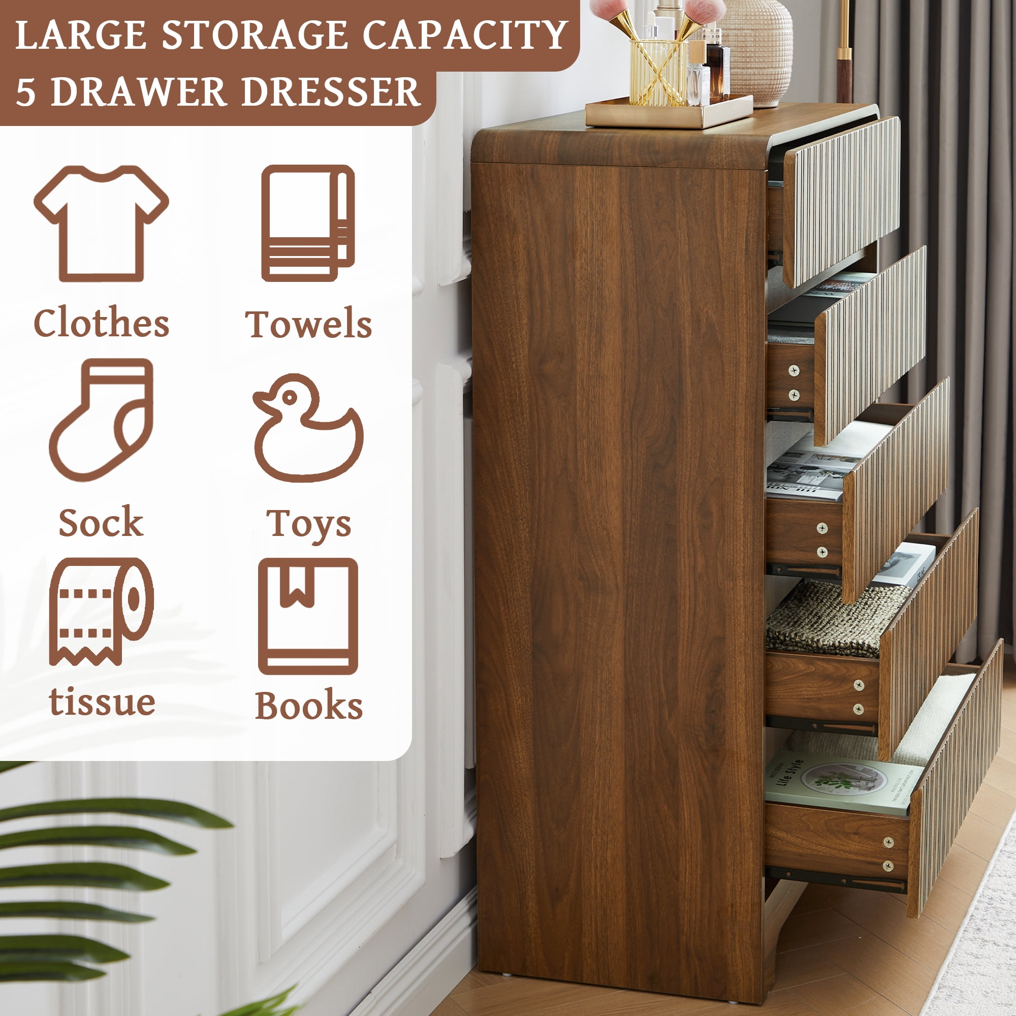 LEFHDA Fluted 5 Drawers Dresser for Bedroom, Mid Century Modern Storage Dressers, 45.3" Tall Wood Fluted Dressers Organizer for Bedroom, Living Room, Walnut Set of 2