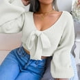 thumbnail image 6 of IROINNID Womens Sweater Knit V-Neck Pullover Sweater Solid Color Casual Cropped Long Sleeve Autumn Winter Blouse Bow-Knot Sweater Tops, 6 of 7