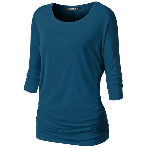Thanth Womens Dolman Sleeves Boat Neck Solid Shirring Drape Basic Tunic Top