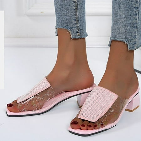 

YTJX Fashion Spring And Summer Transparent Thick Heel Peep Toe Rhinestone Slip On Women Slippers