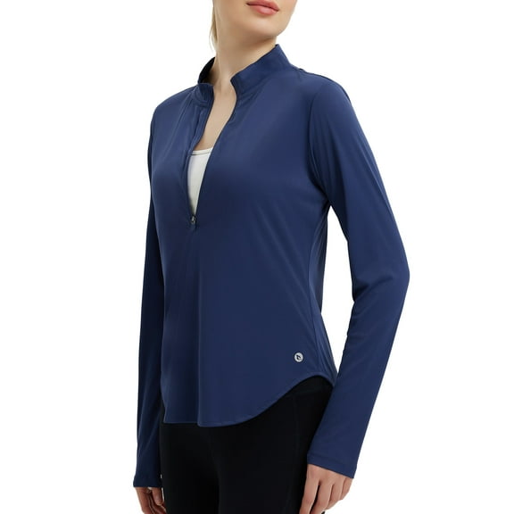 BALEAF Workout Tops for Women UPF50 Half 1/4 Zip Sun Shirt Rash Guard Long Sleeve Lightweight Clothing UV Protection Running Navy Blue L