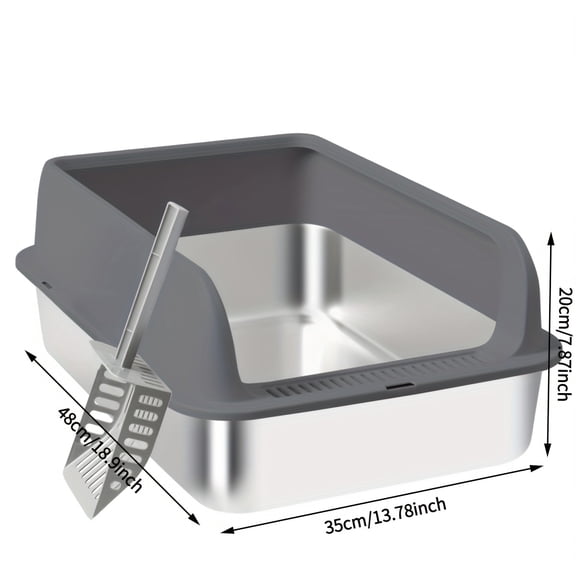 Stainless Steel Litter Box for Cats, Medium & Large Metal Litter Pan with High Walls, Non-Stick, Anti-Leak, Easy Clean Indoor Toilet Tray with Scoop
