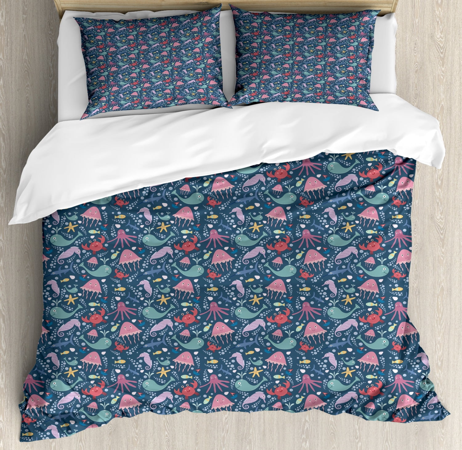 Nautical Queen Size Duvet Cover Set, Underwater Wildlife Theme Marine