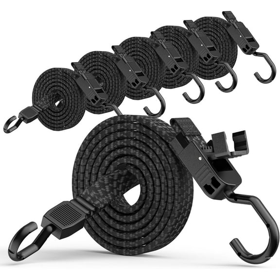 Rugtol Adjustable Bungee Cords with Hooks, 48 Inch 6 Pack Flat Bungee Straps with Quick Release Buckle, Black Heavy Duty Elastic Cords with Metal Hooks for Bike Rack, Truck, Outdoor, Camping, Tarp
