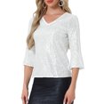 thumbnail image 4 of TOP DE LENTEJUELAS INSPIRADOR CHIC PARA MUJERES CON MANGAS DE CAMPANA 3/4 Y CUELLO EN V METÁLICO BRILLANTE BLUSA DE FIESTA XL PLATA, 4 of 6