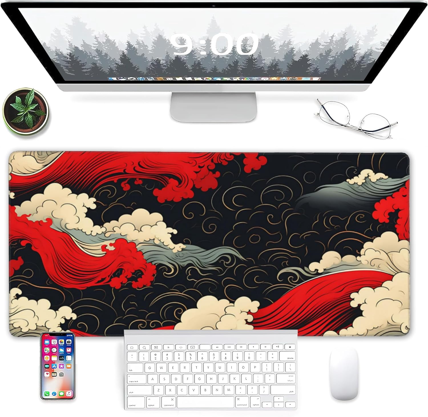 Gaming Mouse Pad, Japanese Sea Waves Extended Mouse Pad Gaming Large, Big Desk Mat with Non-Slip Base and Stitched Edge, Long Computer Keyboard Mouse Mat for Home Office Work 31.5"x15.7"