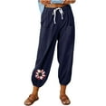thumbnail image 2 of Fartey Cotton Linen American Flag Pants for Women Sunflower Graphic Patriotic Pants Drawstring Elastic Waist Casual Trousers with Pockets, 2 of 6