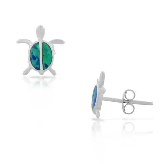 925 Sterling Silver Blue Turquoise-Tone Simulated Opal Small Turtle Womens Stud Earrings