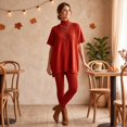 thumbnail image 6 of Szluipve 2 Piece Sets for Women 2 Piece Knit Loungewear Set Turtleneck Short Sleeve Oversized Tunic Top & Ribbed High Waist Leggings Casual Loose Fall Winter Outfit Suit Red S, 6 of 7