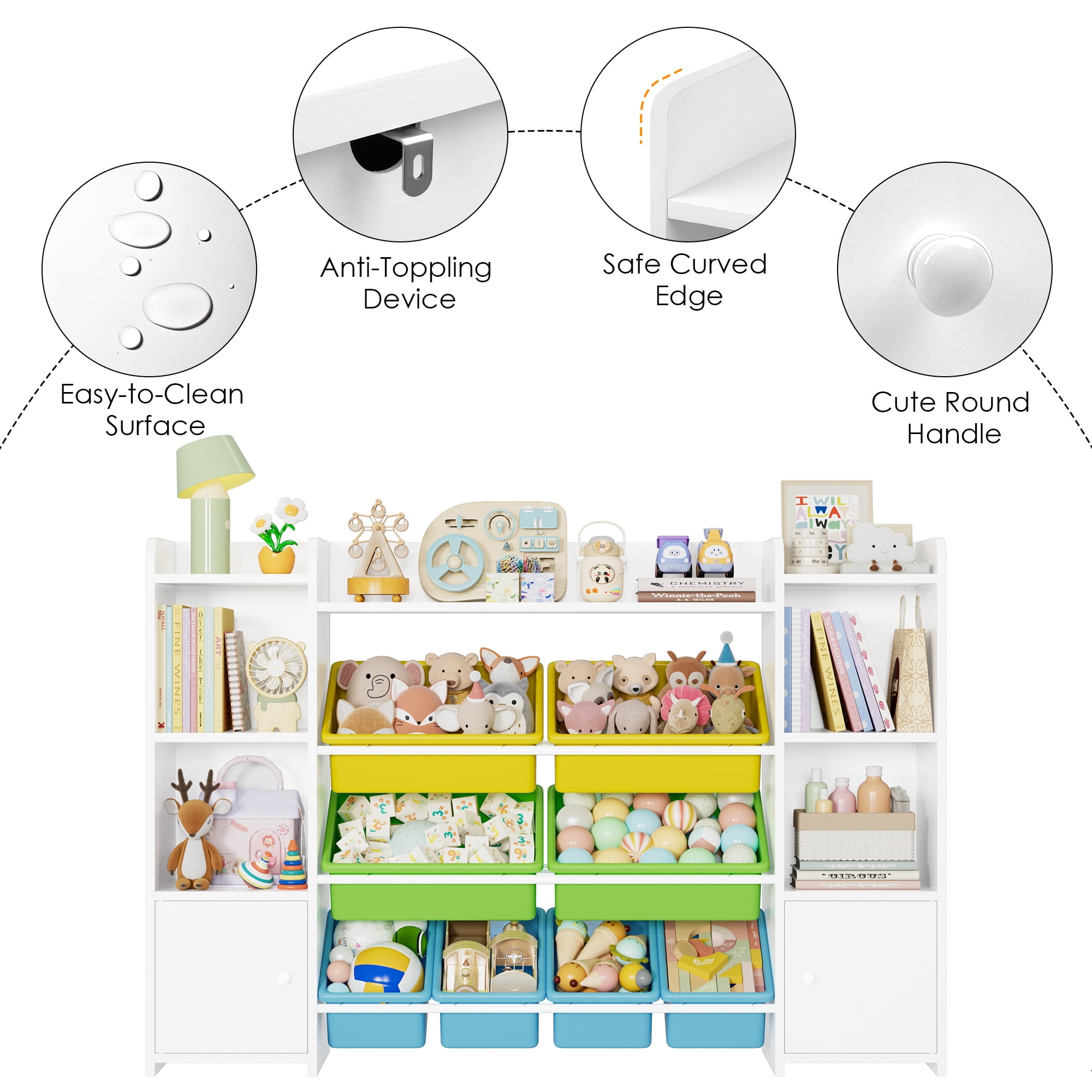 Homfa Kids Toy Organization Cubby Bookcase with 8 Bin, 2 Door White Storage Organizer Bookshelf for Children Room Playroom