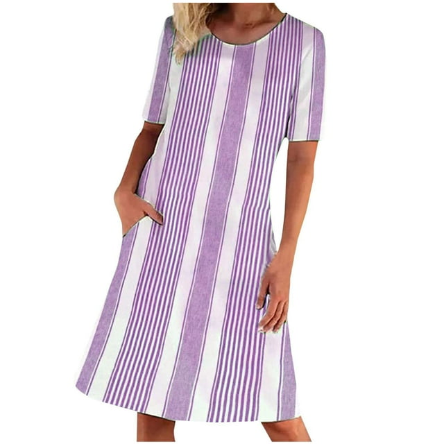 EQWLJWE Robes d'Été pour Femmes 2023 Robe à Col Rond pour Femme Mode Décontractée Tempérament Chandail à Manches Courtes Imprimé Décontractée Ample avec Poches