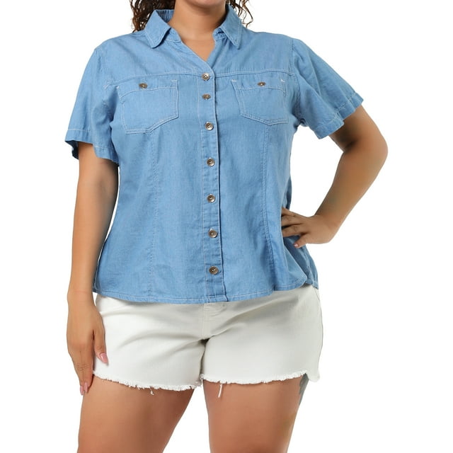GRACE & GRANDEUR Women's Plus Workout Tops Chest Pocket Button Down Denim Shirts