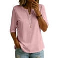 thumbnail image 2 of Women's V Neck 3/4 Sleeve Henley Top, Button Detail Casual Loose Tunic Blouse, Solid Color Elbow Sleeve Shirt for Daily Office Casual Wear 07-Pink L, 2 of 5