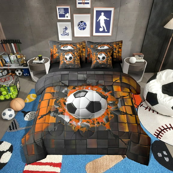 Erosebridal Soccer Bedding Sets Twin Size,Gradient Geometric Comforter Sets with Sheets,Orange and Black,Reversible