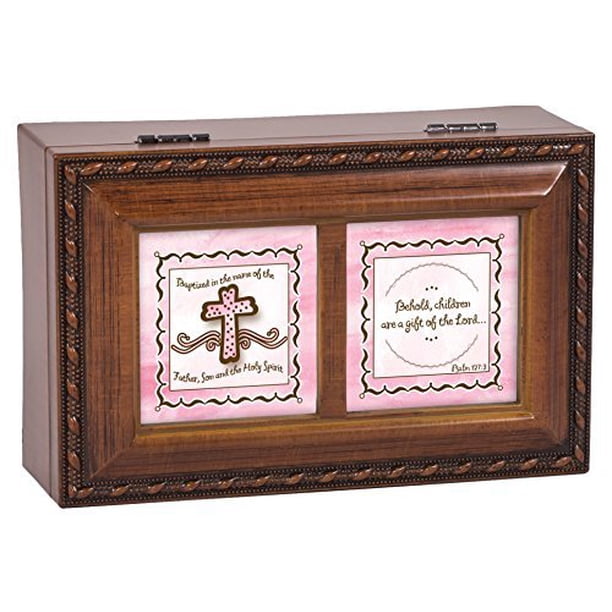 Baptism for Girl Pink Cross Wood Finish Jewelry Music Box Plays Tune