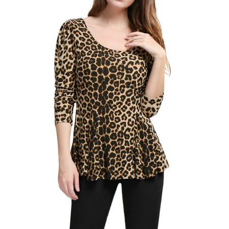 Unique Bargains - Women's Leopard Prints Stretchy Peplum Shirt Peplum ...