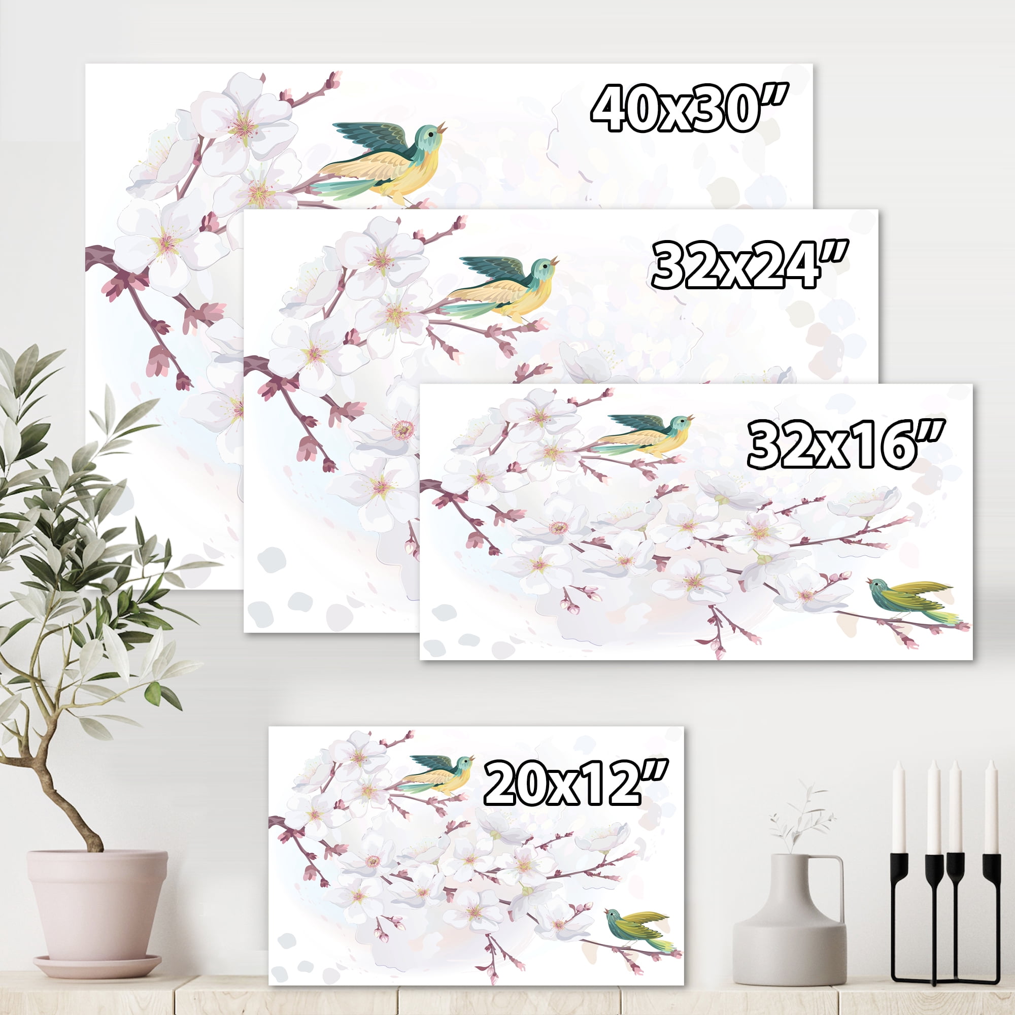 Designart ' Blossoming Cherry Tree and Birds ' Traditional Canvas Wall Art Print