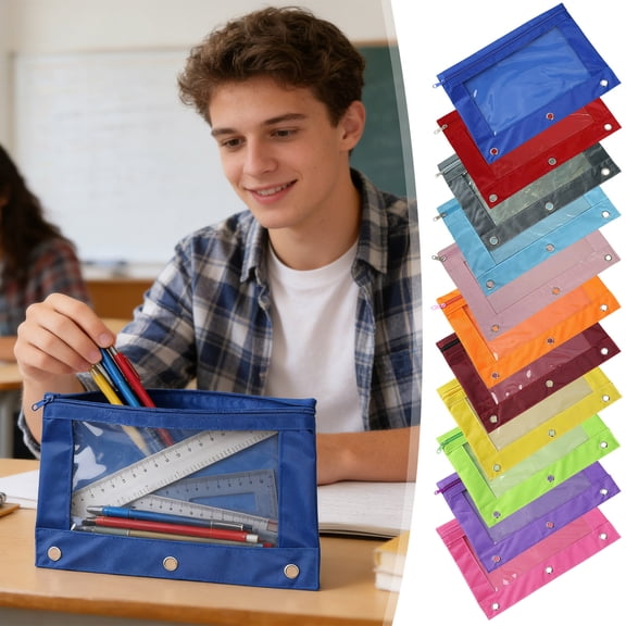 Otvok Oxford Fabric Large Pencil Case, Clear Visible Window Snap Button Secure Desktop Stationery Holder Pencil Case