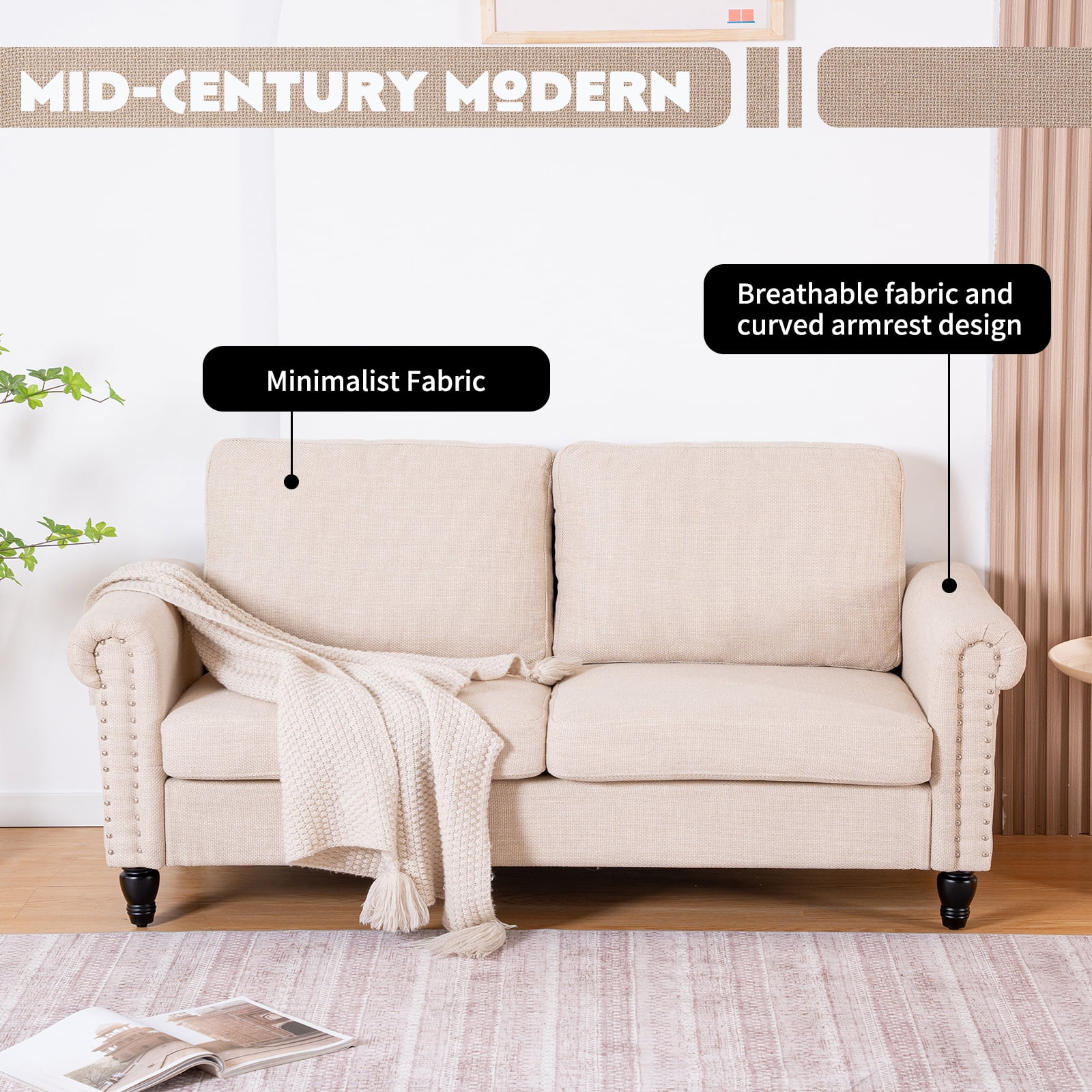 57 Loveseat Sofa,2 Seat Couch with Linen Fabric,Small Couches for Small Spaces with Solid Wood Legs,Comfy Love Seat Sofa for Living Room,Bedroom,Apartment