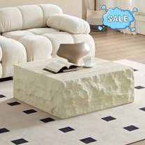 Tcbosik 35.4" Simple Coffee Table, Square Cocktail Table, Faux Stone Center Table for Living Room, No Assembly Required, Beige