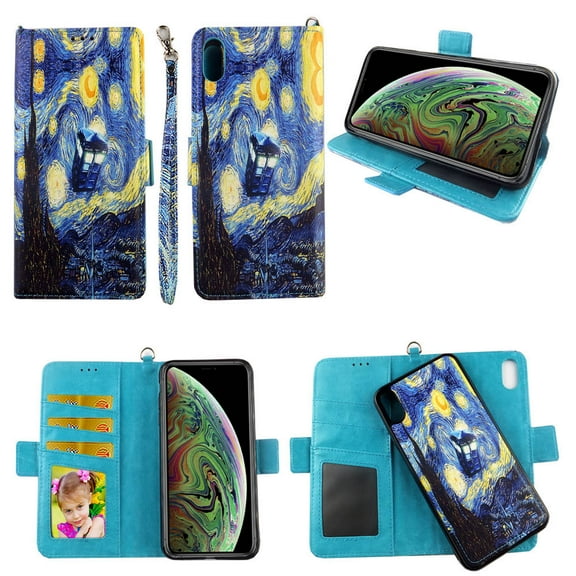 Starry Night Case for iPhone X / XS / X10 Magnetic Detachable Pu Leather Wallet Cover with Flap Closure and Snap-on Book Style Cases with Card Holders Wrist Strap 2 in 1 Folio Flip Covers