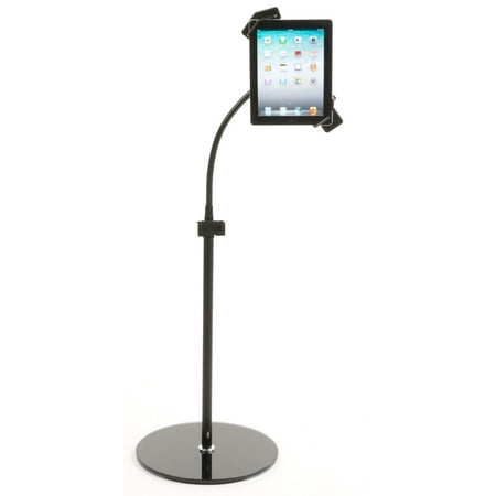 Tablet Floor Stand with Flexible Gooseneck and Height-adjustable Post, iPad Kiosk with Integrated Charging, Metal (Black)