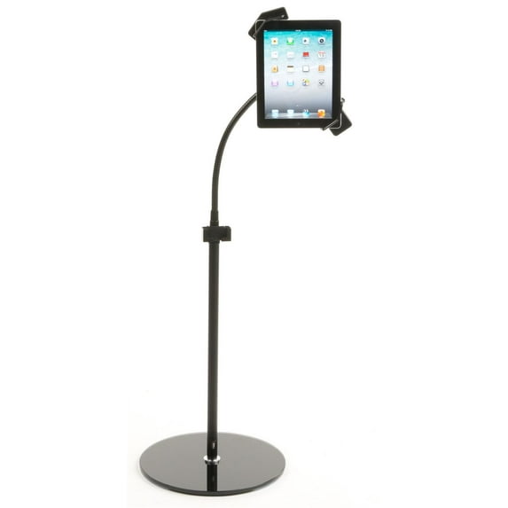 Tablet Floor Stand with Flexible Gooseneck and Height-adjustable Post, iPad Kiosk with Integrated Charging, Metal (Black) (IPDSTN03BL)
