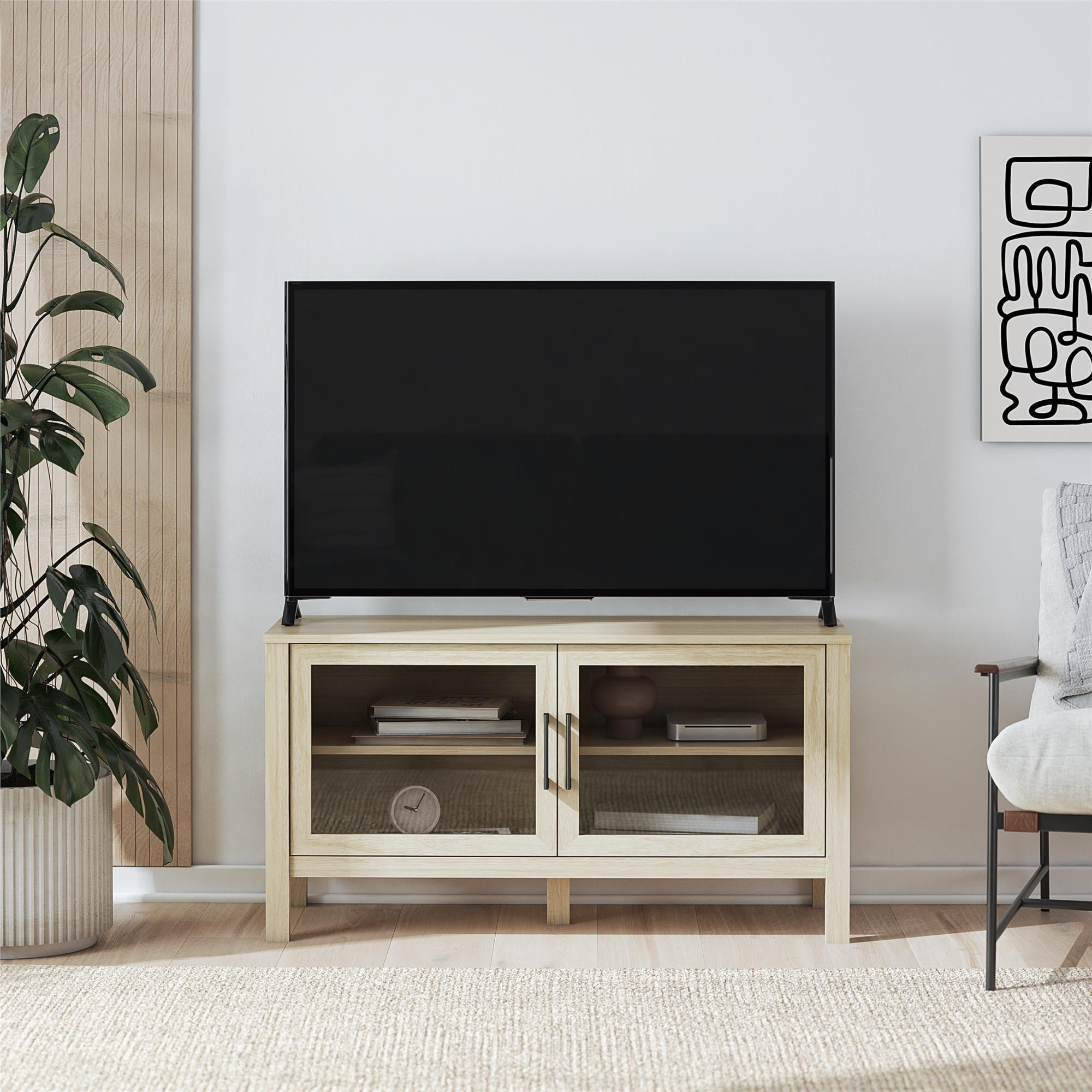 Mainstays Glass Door TV Stand for TVs up to 55", Spring Pine