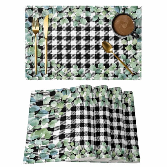 Sage Green Eucalyptus Placemats Set of 6, Spring Leaves Black White Plaid Placemats for Dining Table, Place Mats for Kitchen Tabletop, Waterproof Wipeable Dining Table Mats Set
