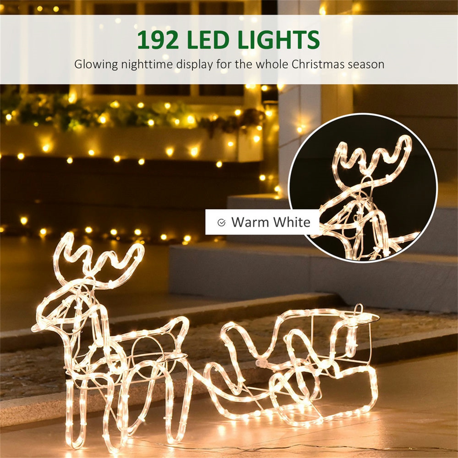 Hommoo 35" Christmas Reindeer and Sleigh with LED Motif Warm White Lighting, Indoor Outdoor Steel Frame Yard Decoration,White
