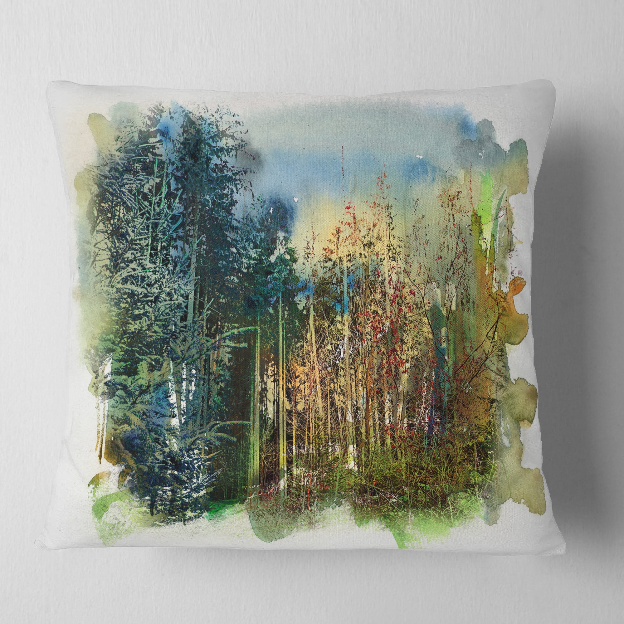 Designart Forest Motif Watercolor - Landscape Painting Throw Pillow - 16x16