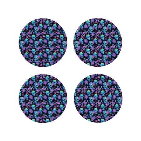 

Fuzoiu purple flower blue Skull Print Leather Coasters Set Drink Coasters Set of 4 for Tabletop Protection Durable PVC Coasters Home Décor and Housewarming Gift-Round Shape