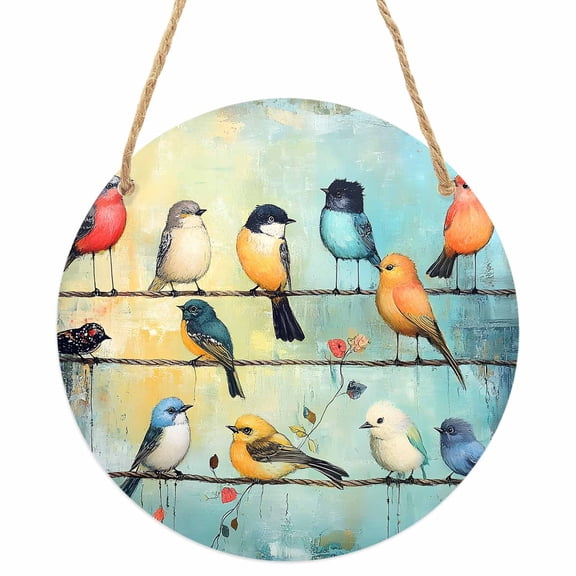 Colorful Birds Round Front Door Welcome Sign, 7.8 Inch Wall Hanging Decor for Indoor Outdoor, Modern Oil Painting Art Spring Home Porch Hanger Decorations for Holiday Gift