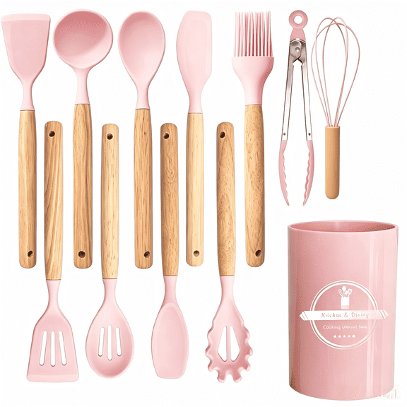 YANWEN 12-Piece Food Grade Silicone Kitchen Utensil Set with Heat Resistant Wooden Handles and Storage Holder