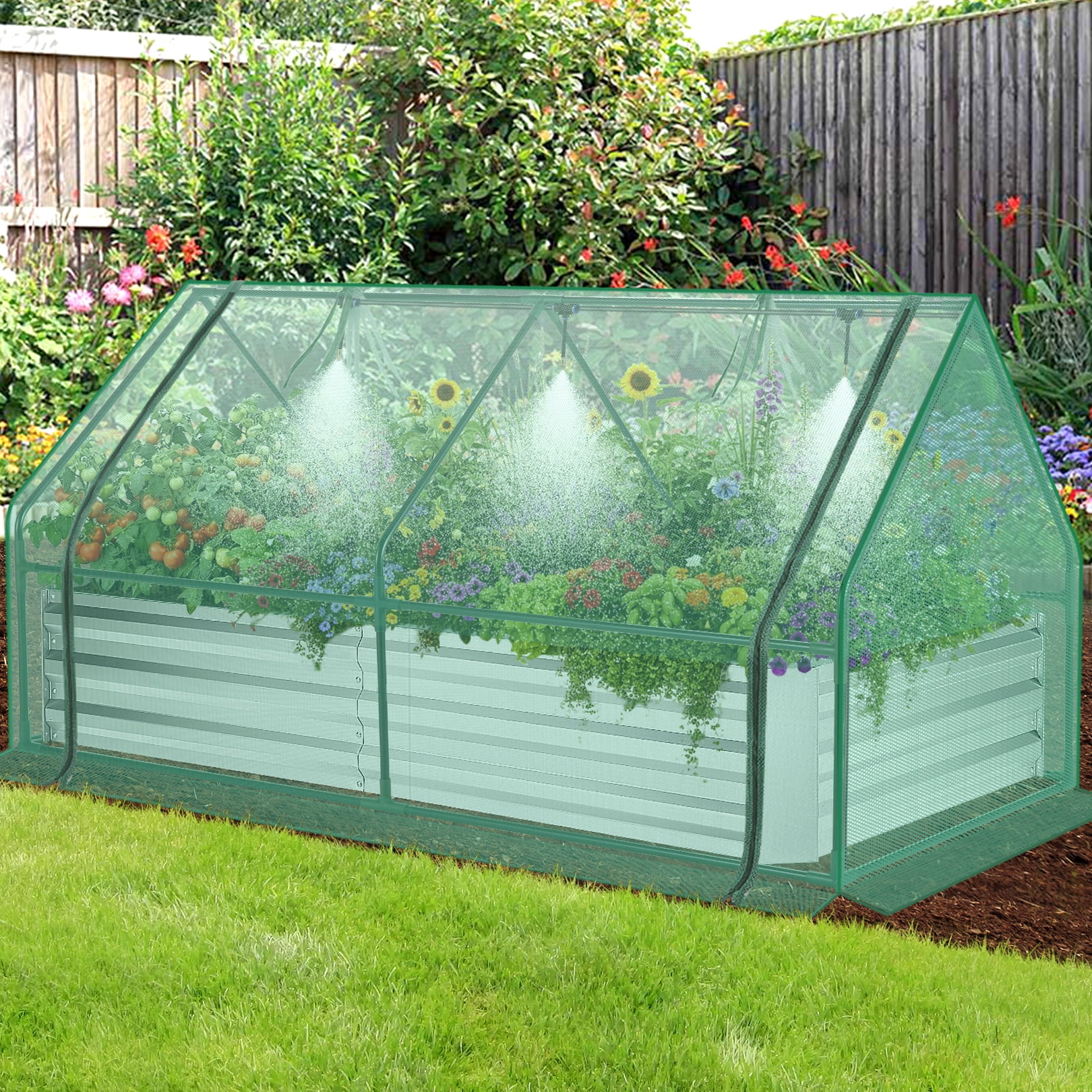 Funcid Galvanized Raised Garden Bed with Self Watering System and Mesh Cover, Outdoor Metal Planter Box 2 Roll-Up Doors Mini Greenhouse for Growing Flowers Fruits Vegetables and Herbs, 6x3x3ft(Green)
