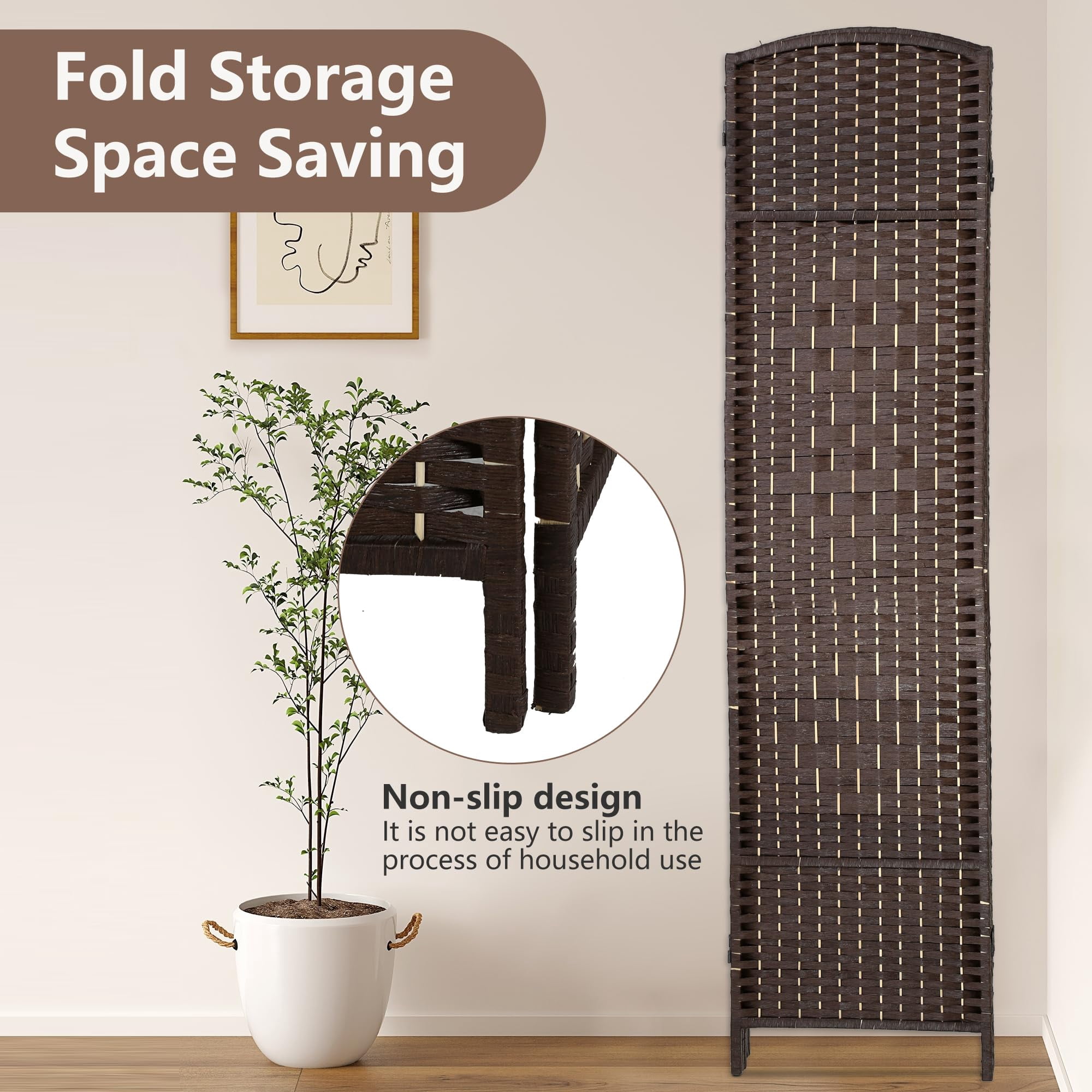 YRLLENSDAN 6ft Tall Room Divider Screen with 4 Panels, Wood Room Dividers and Folding Privacy Screens, Wall Divider for Livingroom, Brown