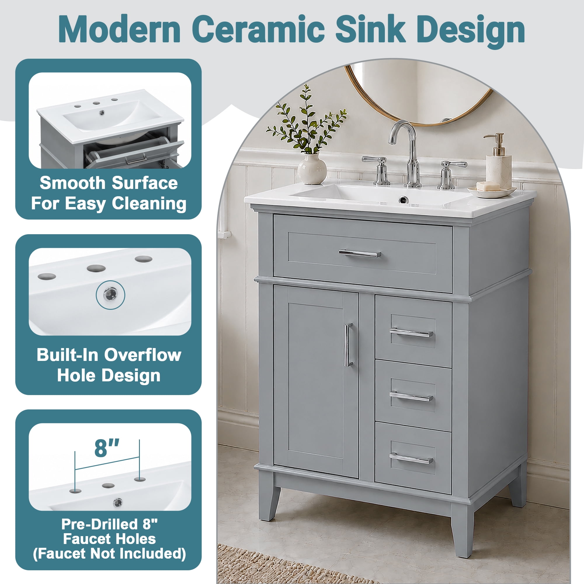 GARITIN 24 Inch Bathroom Vanity with Ceramic Sink, Solid Wood Frame & MDF Cabinet, 1 Door, Flip Drawer & 3 Drawers, Soft Close Hinges, Adjustable Shelf, Gray