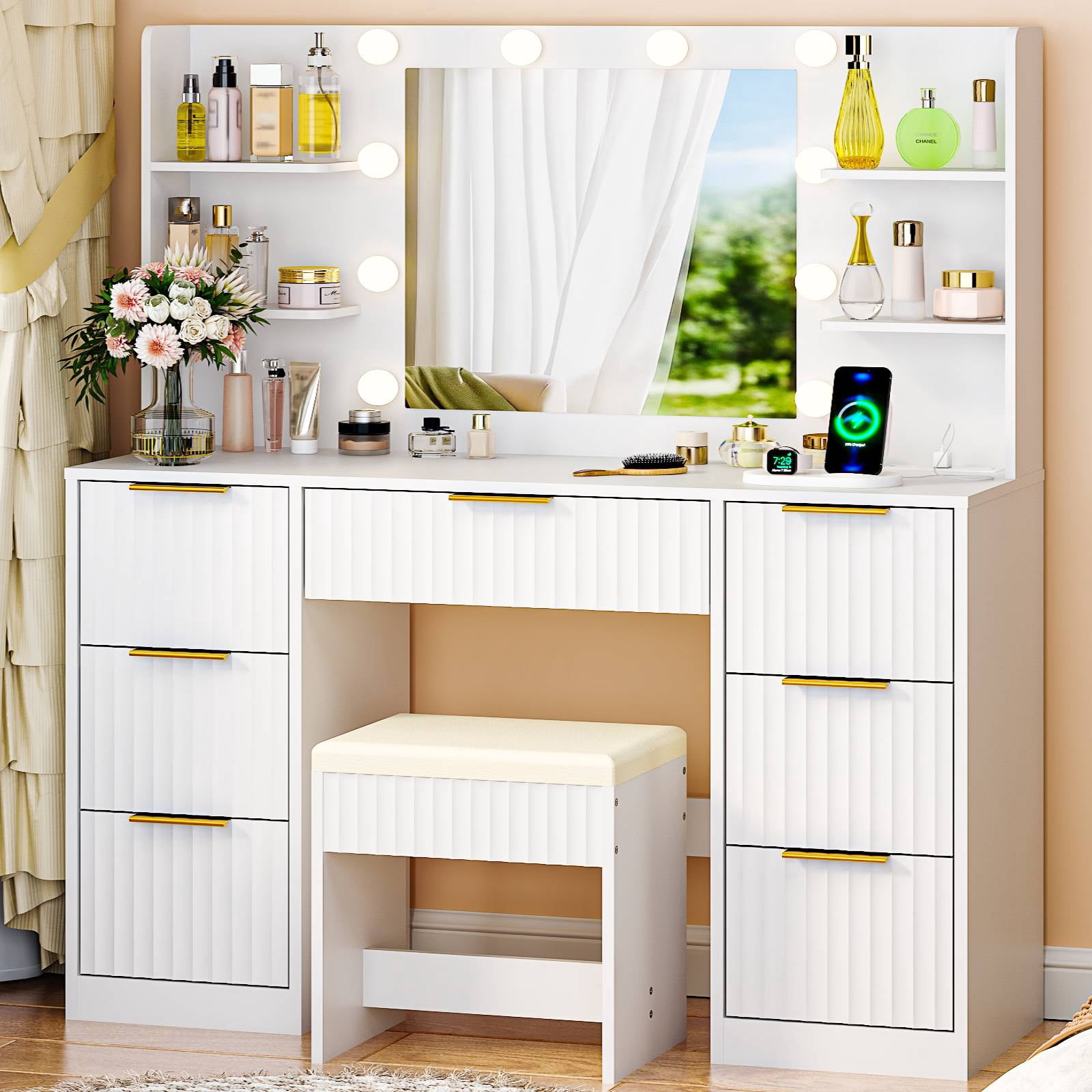 Zimtown Lighted Makeup Vanity Desk with Mirror and Charging Station, Vanity Table with 7 Drawers & 4 Storage Shelves for Dressing Room Bedroom, White
