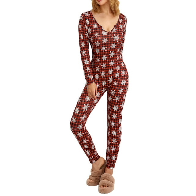 Diconna Combinaison de Noël pour Femmes Pyjama Manches Longues Col en V Flocon de Neige Imprimé à Carreaux
