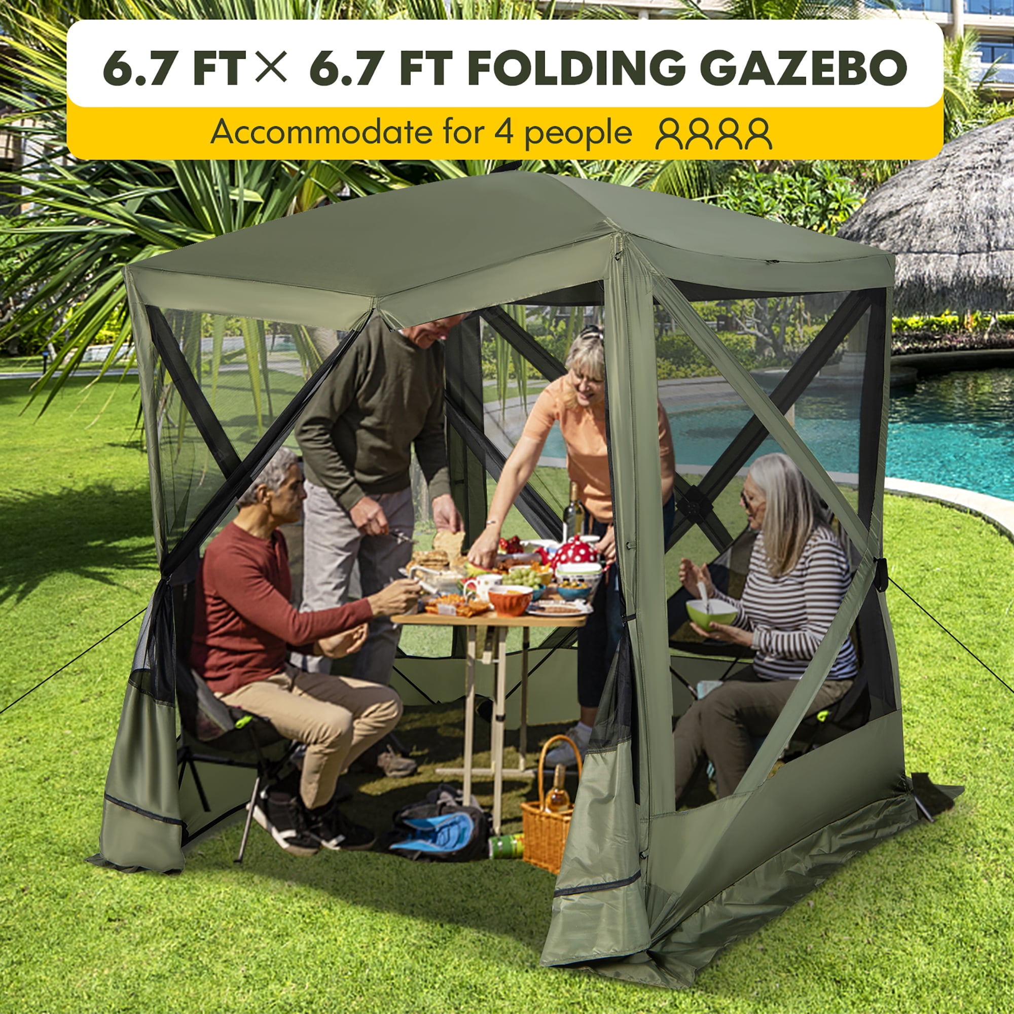 Costway 6.7 FT x 6.7 FT 4-Panel Pop up Camping Gazebo Quick-Set with 2 Sunshade Cloths Green