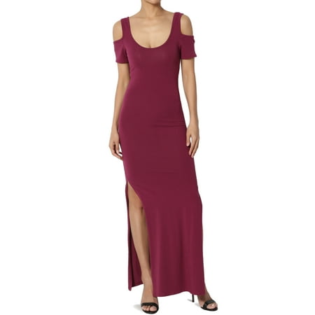 Maxi Scoop - TheMogan Junior's Cold Shoulder Scoop Neck Stretch Sexy Slit Long Skirt Maxi Dress