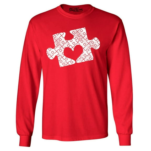 Shop4Ever Men's Puzzle Heart Autism Awareness Long Sleeve Shirt Large Red
