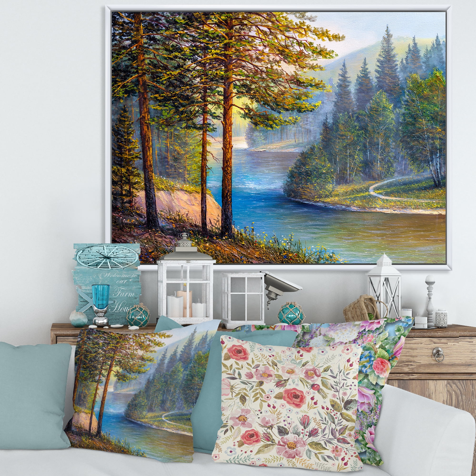Designart 'Sunrise Glow Through The Pine & Fir Forest' Lake House Framed Canvas Wall Art Print