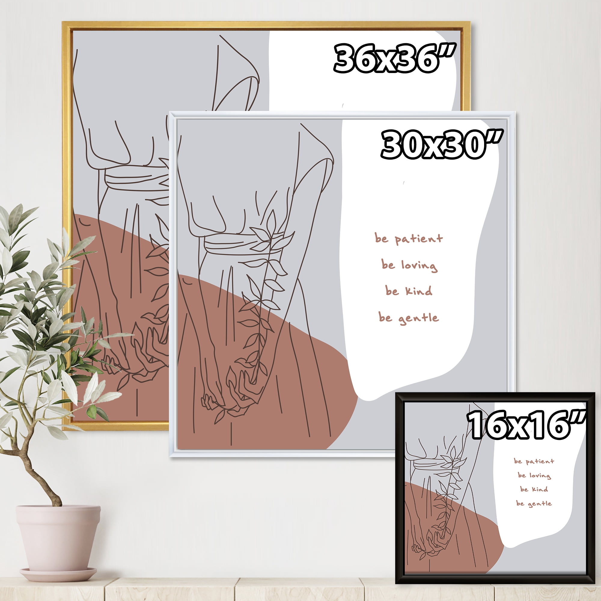 Designart 'Be Patient Be Kind Be Loving Be Patient One Line Leave' Modern Framed Canvas Wall Art Print