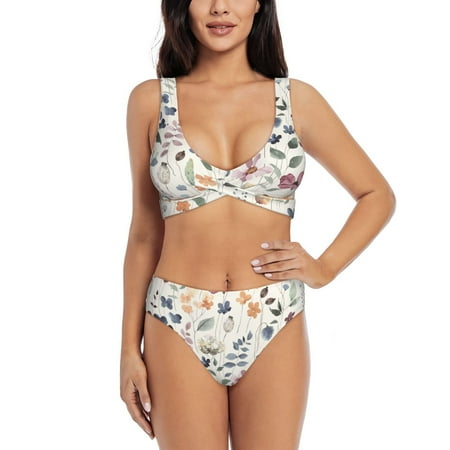 Zeuib Watercolor Floral High Waisted Tummy Control Bikini Set - Knot Front Push Up Top & Cheeky Thong Bottom  Two-Piece Swimsuit for Women-Small