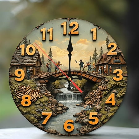 Rustic Wooden Bridge Waterfall Clock 10-Inch Silent Wooden Wall Clock, Battery Operated (AA Batteries Not Included), Artistic Home Decor