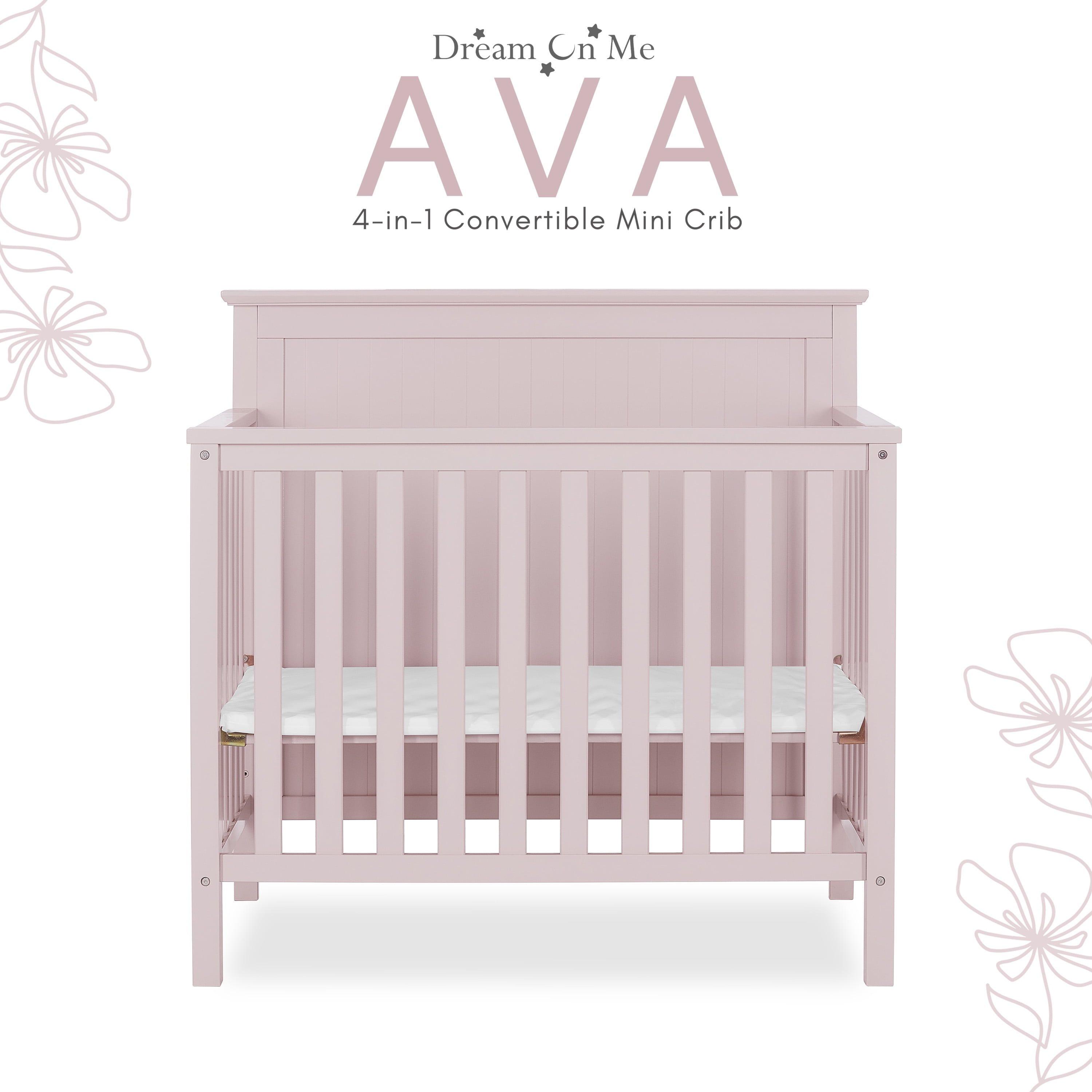 Dream On Me Ava 4-in-1 Convertible Mini Crib, Blush Pink