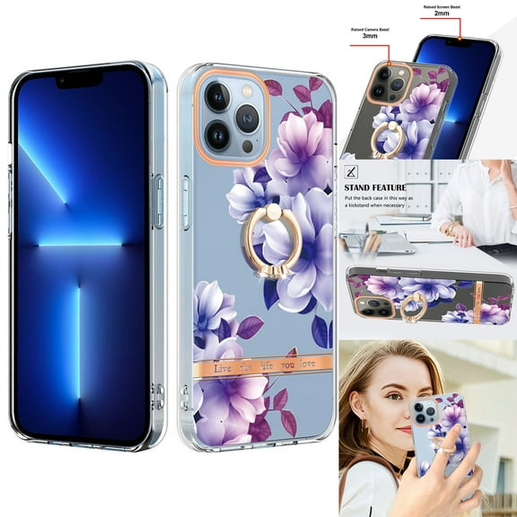 Compatible for iPhone 16 Pro Case with Ring Kickstand Holder Clear Floral Pattern Hybrid PC TPU Shockproof Protective Phone Case Cover for iPhone 16 Pro Women Girls, Purple Flower