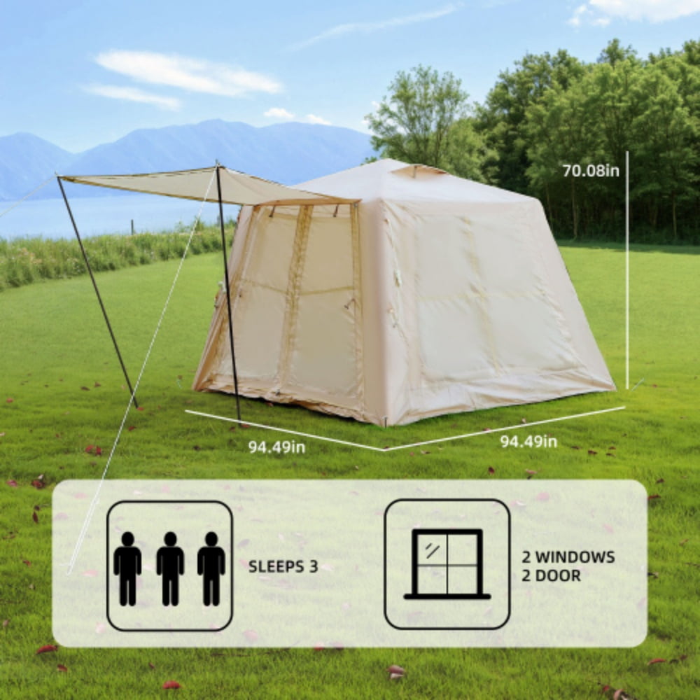 Inflatable Camping Tent with Canopy, 5.76 m² Blow Up Tent with Hand Pump, Easy Setup 4 Season Tent, Waterproof Oxford Fabric Air Tent for 2-3 Person Adult Glamping, Beige