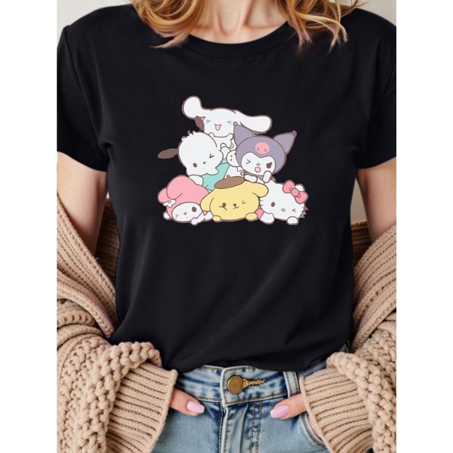 Women's Summer Casual Crew Neck T-Shirt, Cotton 100% Knit Fabric, Regular Fit, Solid Color, Cute Character Printed Tee